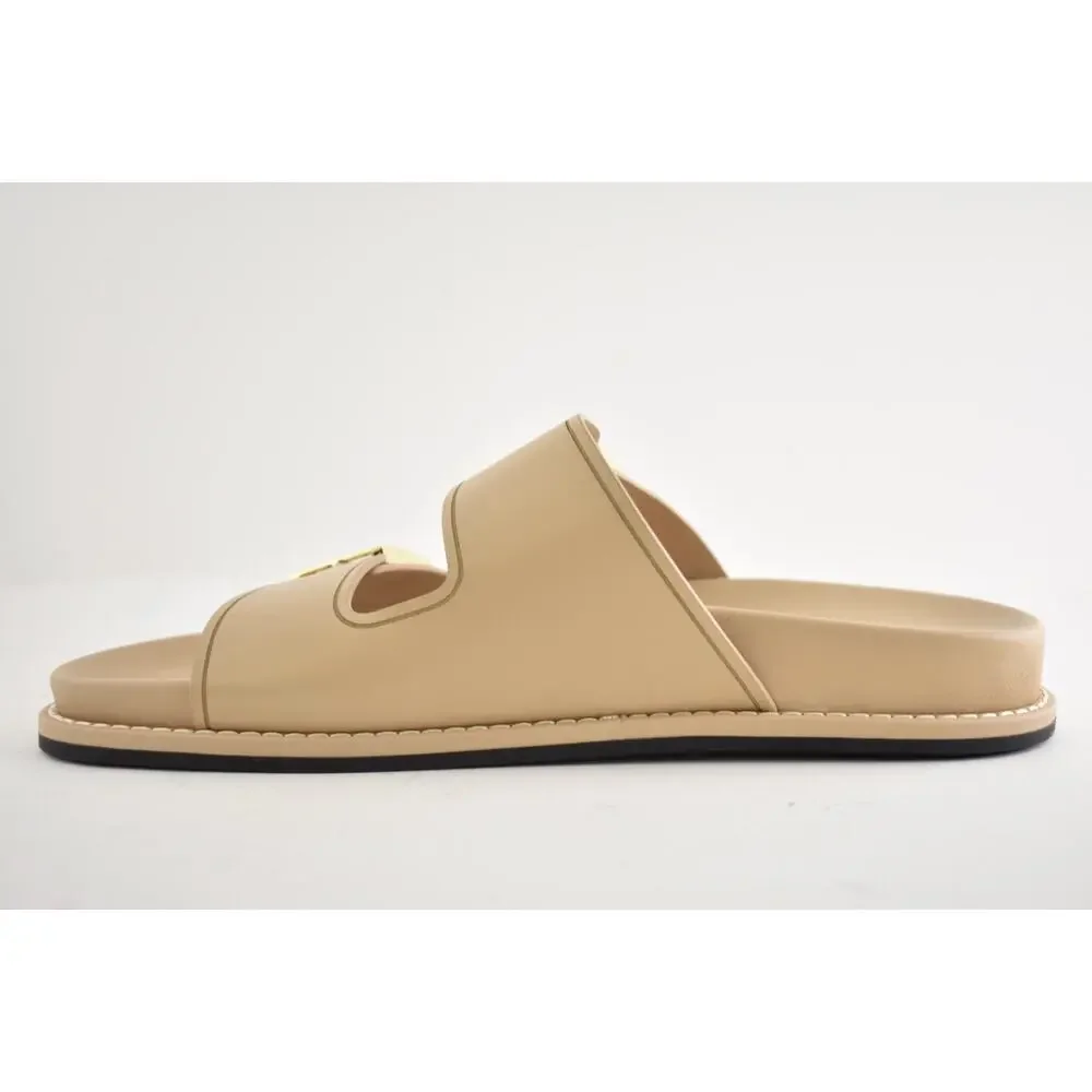 Fendi Feel Dual Strap Beige Leather Gold Logo Buckle Mule Flat Sandal Slide 39.5